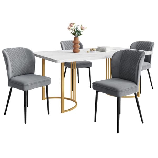 Matgrupp (bord 140 x 80 x 75 cm och 4 stolar) Stolar i mörkgrå sammet, vit MDF-skiva