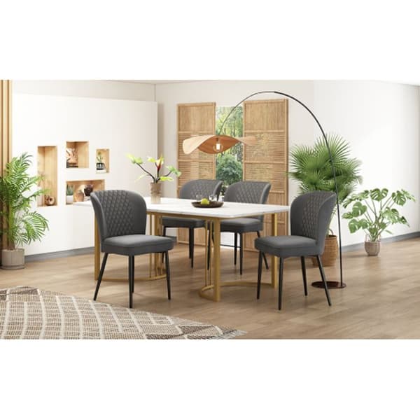 Matgrupp (bord 140 x 80 x 75 cm och 4 stolar) Stolar i mörkgrå sammet, vit MDF-skiva