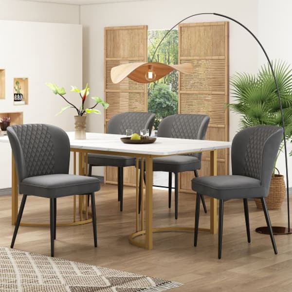 Matgrupp (bord 140 x 80 x 75 cm och 4 stolar) Stolar i mörkgrå sammet, vit MDF-skiva