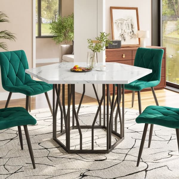 Modern hexagon marble dining table with a black metal frame and a simple and beautiful coffee table.