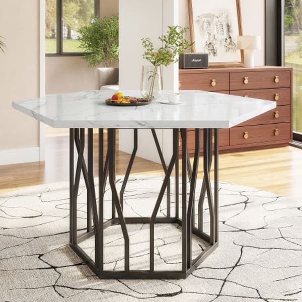 Modern hexagon marble dining table with a black metal frame and a simple and beautiful coffee table.