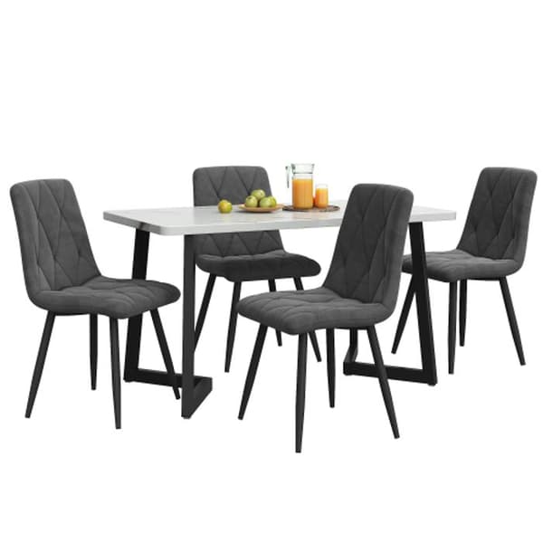 Set, rektangulärt matbord, modernt kökset, stolar i mörkgrå twillvelour, svarta ben