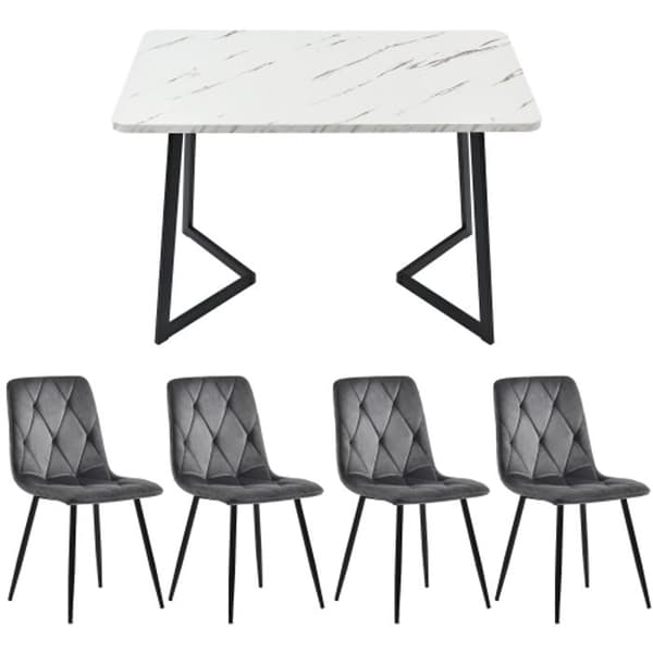 Set, rektangulärt matbord, modernt kökset, stolar i mörkgrå twillvelour, svarta ben