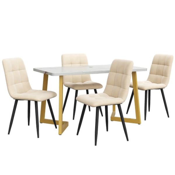 Matbord 117 cm med 4 stolar, rektangulärt matbord, stolar i beige sammet.