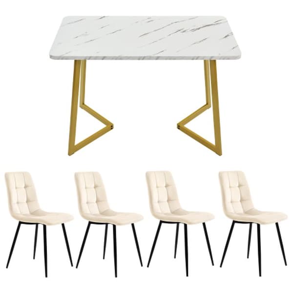 Matbord 117 cm med 4 stolar, rektangulärt matbord, stolar i beige sammet.