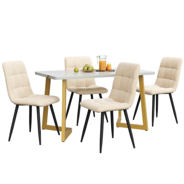Matbord 117 cm med 4 stolar, rektangulärt matbord, stolar i beige sammet.