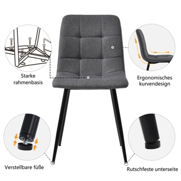 Matsalsbord på 117 cm med 4 stolar, rektangulärt bord, mörkgrå matsalsstolar, gyllene ben.