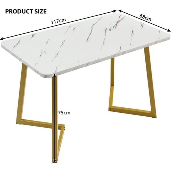 Matsalsbord på 117 cm med 4 stolar, rektangulärt bord, mörkgrå matsalsstolar, gyllene ben.