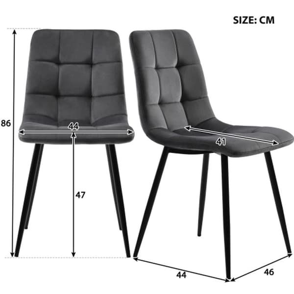 Matbord på 117 cm med 4 stolar, rektangulär bord, köksstolar i mörkgrå sammet, svarta ben.