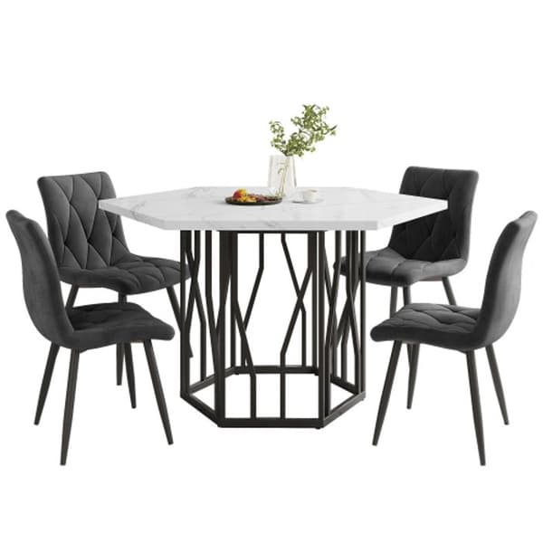 Matsalsset med bord och stolar (5 delar), modern hexagonal marmorbord + 4 stolar i grå sammet