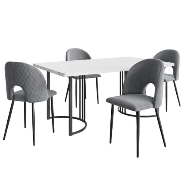 (Set, matbord 140 x 80 cm med 4 stolar) Justerbara ben, grå sammet, vit MDF-skiva, svarta ben