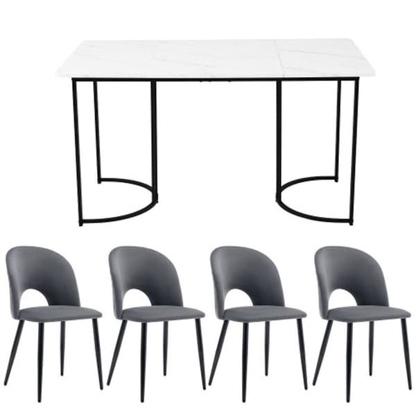 (Set, matbord 140 x 80 cm med 4 stolar) Justerbara ben, grå sammet, vit MDF-skiva, svarta ben