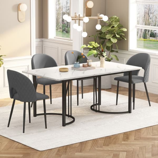 (Set, matbord 140 x 80 cm med 4 stolar) Justerbara ben, grå sammet, vit MDF-skiva, svarta ben