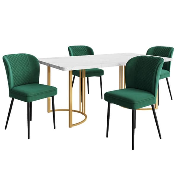 Matsats för matsal, (set, matsalbord 140 x 80 x 75 cm med 4 stolar), vit MDF-skiva, gyllene ben