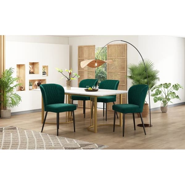 Matsats för matsal, (set, matsalbord 140 x 80 x 75 cm med 4 stolar), vit MDF-skiva, gyllene ben
