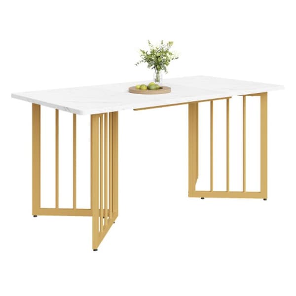 Matbord (1-St) 140 x 80 x 75 cm, rektangulär marmor med justerbara ben, vit/guld