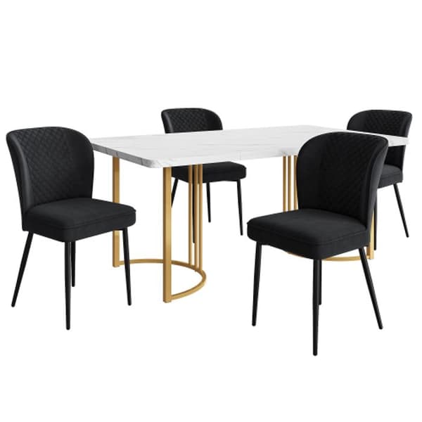 Matgrupp med bord 140 x 80 x 75 cm och 4 stolar. Vit MDF-skiva, gyllene ben.