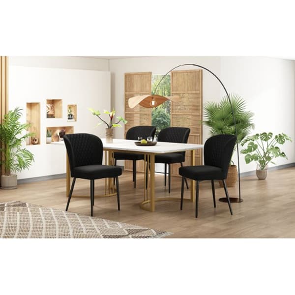 Matgrupp med bord 140 x 80 x 75 cm och 4 stolar. Vit MDF-skiva, gyllene ben.