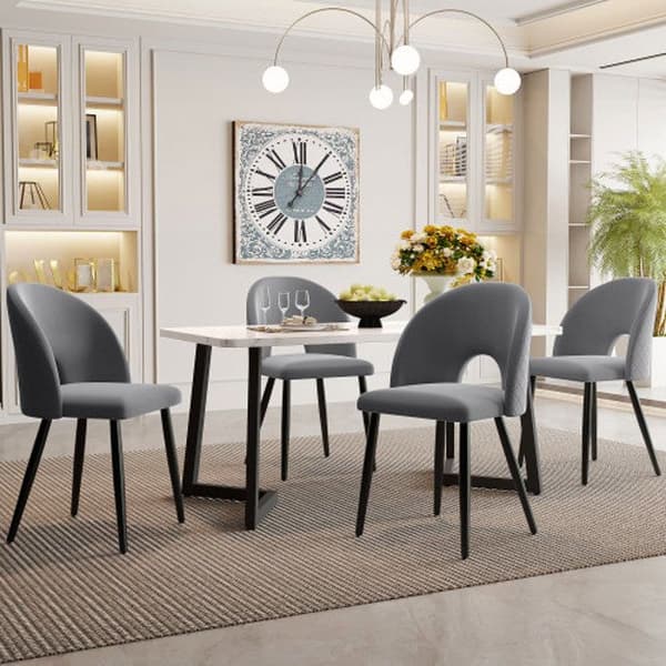 Matbord (set, 117 x 68 cm bord med 4 stolar) justerbara ben, grå sammet, svarta ben