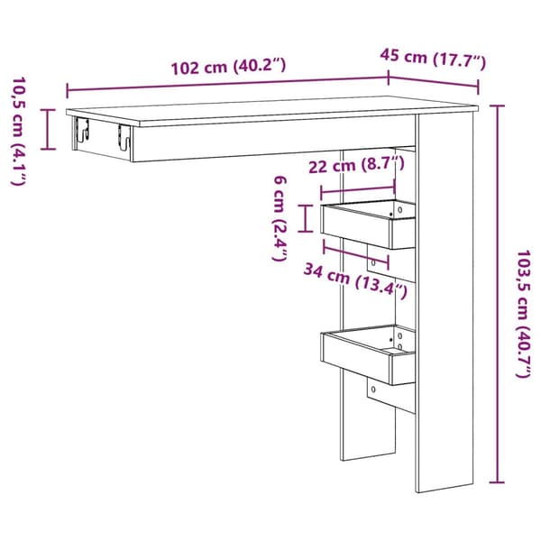 vidaXL Vægbar Bord Sort Eg Træ Standard Holdbar Barbord Rektangulær