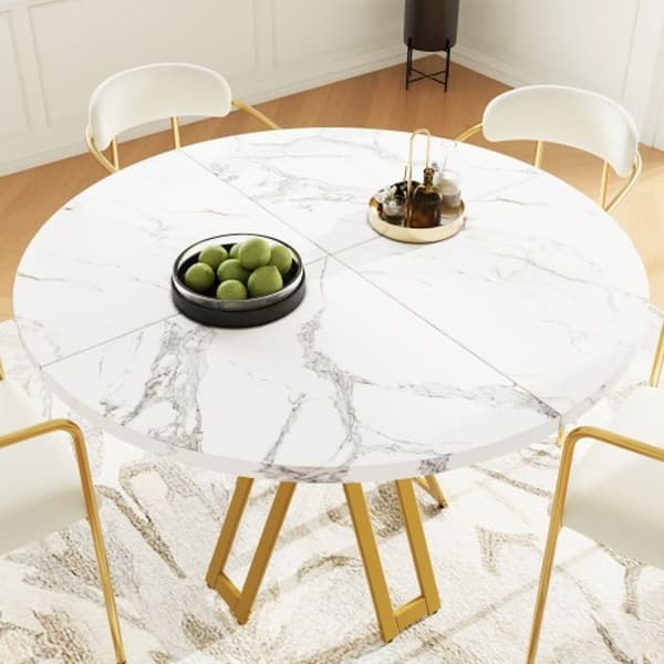 Ensemble matbord (5 delar) med vit marmorplatta, stolar i beige sammet