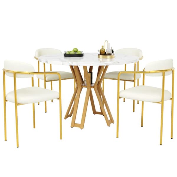 Ensemble matbord (5 delar) med vit marmorplatta, stolar i beige sammet