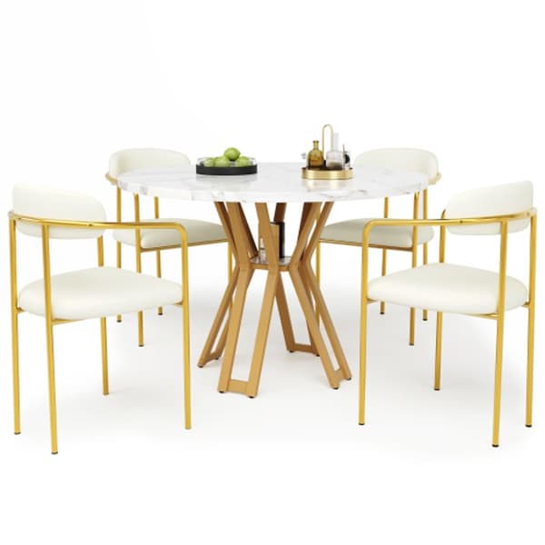 Ensemble matbord (5 delar) med vit marmorplatta, stolar i beige sammet