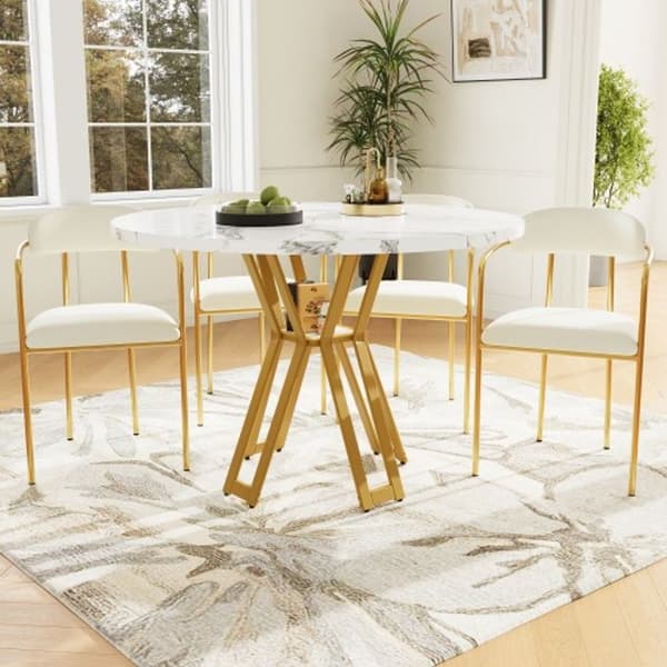Ensemble matbord (5 delar) med vit marmorplatta, stolar i beige sammet