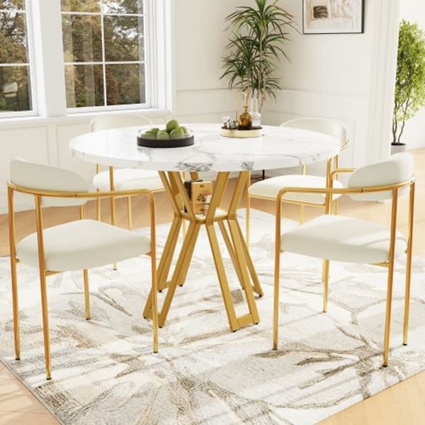 Ensemble matbord (5 delar) med vit marmorplatta, stolar i beige sammet