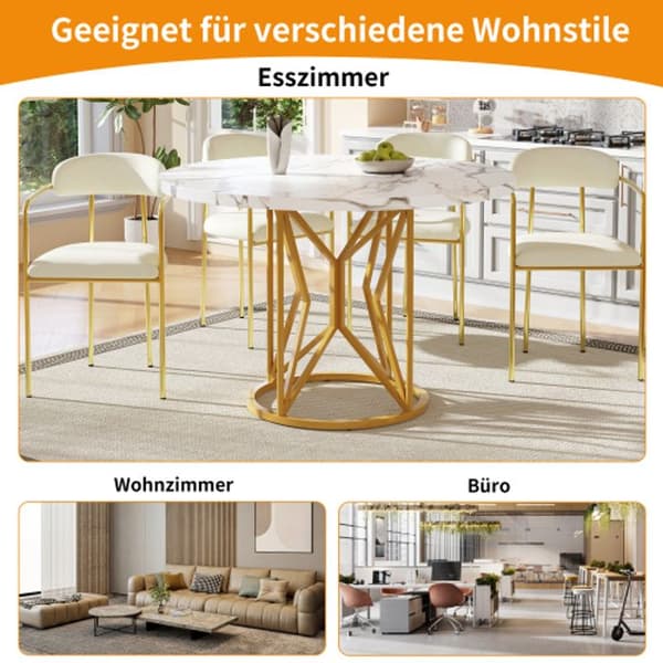 Rund matbord (100 x 100 x 76 cm) med marmoriserad MDF-skiva med guldmönster.