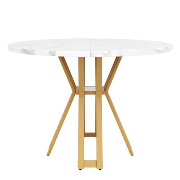 Rund matbord (100 x 100 x 76 cm) med marmoriserad MDF-skiva med guldmönster.