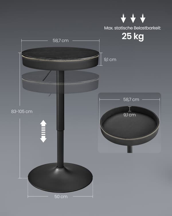 Baaripöytä, EKHO, 58,7x58,7x(83-105) cm, Eebenpuu-mustat.