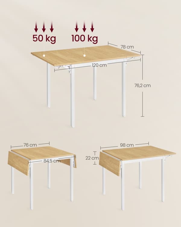 Ruokapöytä, taitettava keittiöpöytä 2-4 hengelle, vintage-ruskea-musta, 78 x 120 x 76,2 cm, luonnon tammi-vuoristopilvi valkoinen