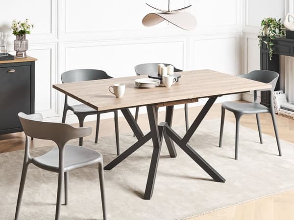 Lysebrunt MDF-spisebord med metalben, der kan klappes sammen