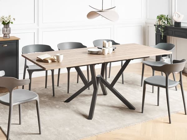 Lysebrunt MDF-spisebord med metalben, der kan klappes sammen