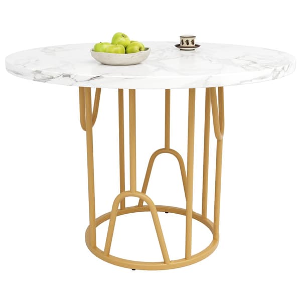 Rundt spisebord 80x80x76 cm - Metalstel - Marmor look finer - Til 2-6 personer - Hvid og guld