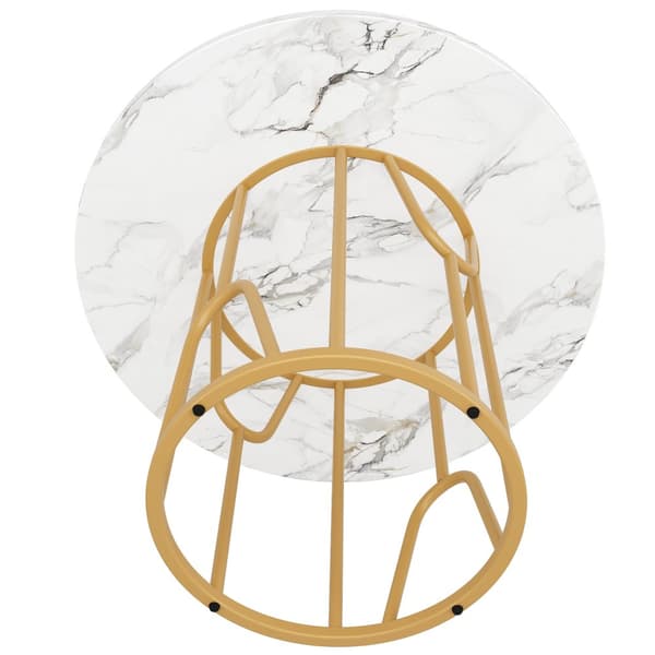 Rundt spisebord 80x80x76 cm - Metalstel - Marmor look finer - Til 2-6 personer - Hvid og guld