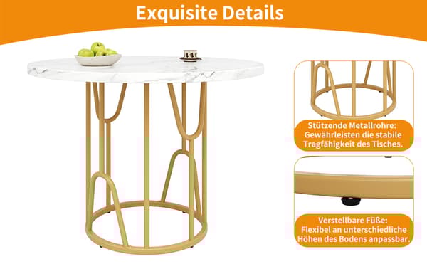 Rundt spisebord 80x80x76 cm - Metalstel - Marmor look finer - Til 2-6 personer - Hvid og guld