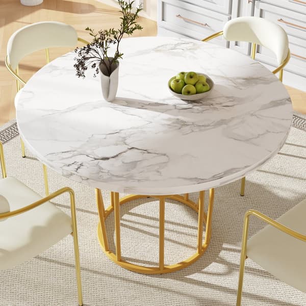 Rundt spisebord 80x80x76 cm - Metalstel - Marmor look finer - Til 2-6 personer - Hvid og guld
