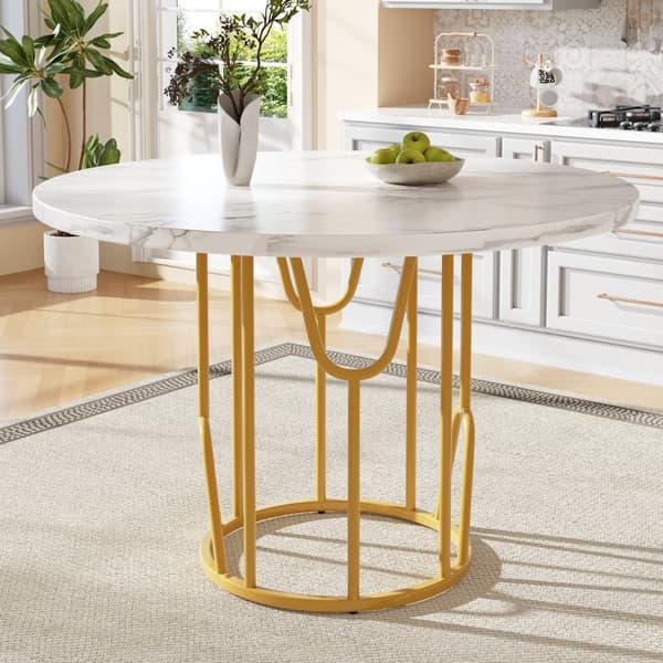 Rundt spisebord 80x80x76 cm - Metalstel - Marmor look finer - Til 2-6 personer - Hvid og guld