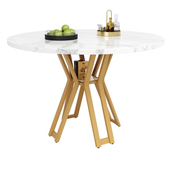 Rundt spisebord 100x100x76 cm - Metalstel - Marmor look finer - Til 2-6 personer - Hvid og guld