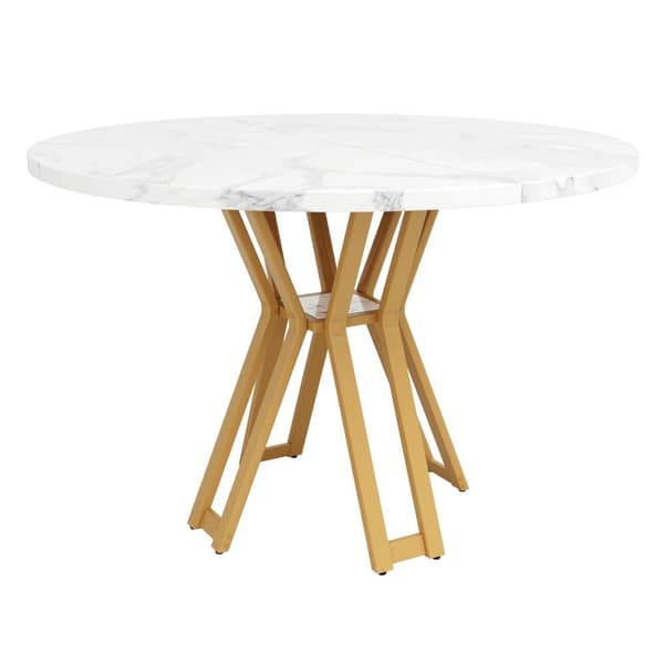Rundt spisebord 100x100x76 cm - Metalstel - Marmor look finer - Til 2-6 personer - Hvid og guld