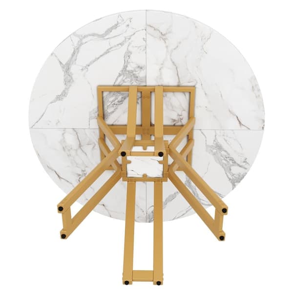 Rundt spisebord 100x100x76 cm - Metalstel - Marmor look finer - Til 2-6 personer - Hvid og guld