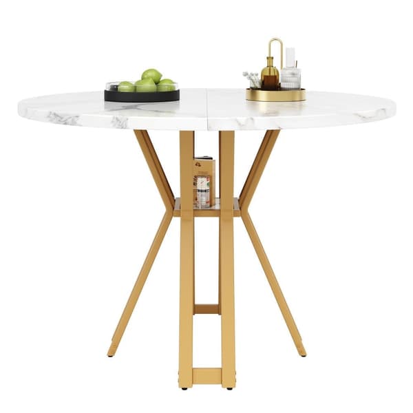Rundt spisebord 100x100x76 cm - Metalstel - Marmor look finer - Til 2-6 personer - Hvid og guld