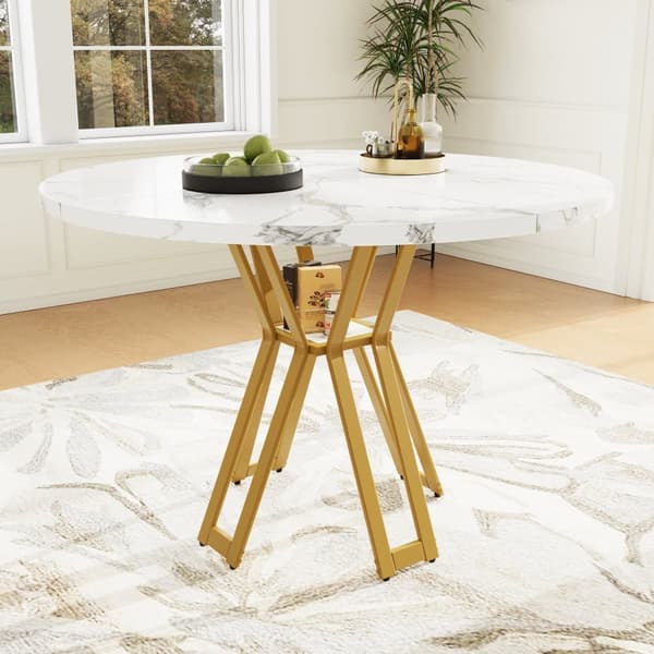 Rundt spisebord 100x100x76 cm - Metalstel - Marmor look finer - Til 2-6 personer - Hvid og guld