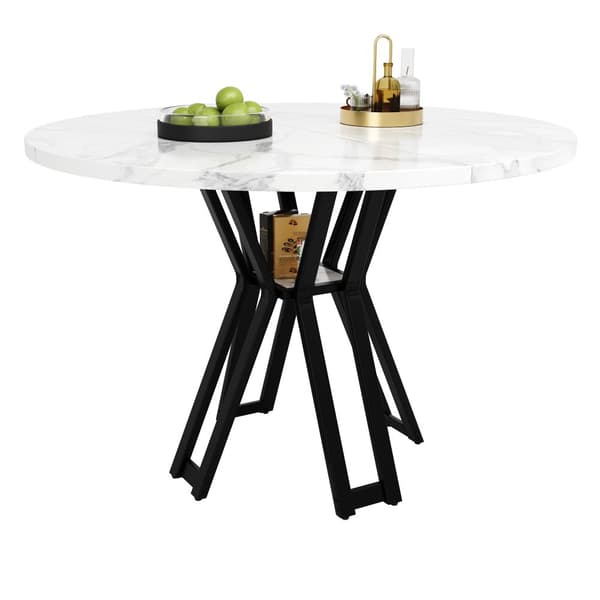 Rundt spisebord 100x100x76 cm - Metalstel - Marmor look finer - Til 2-6 personer - Hvid og sort