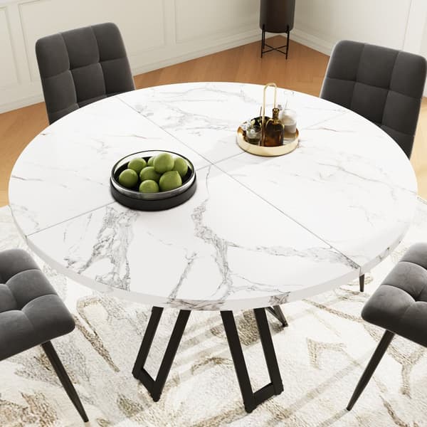 Rundt spisebord 100x100x76 cm - Metalstel - Marmor look finer - Til 2-6 personer - Hvid og sort