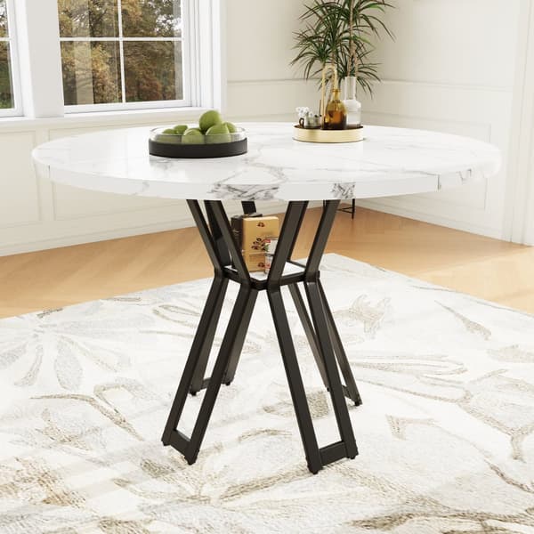 Rundt spisebord 100x100x76 cm - Metalstel - Marmor look finer - Til 2-6 personer - Hvid og sort