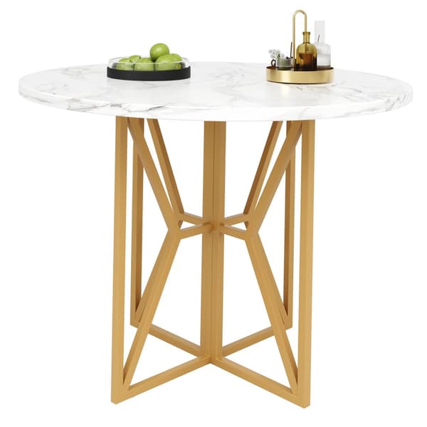 Rundt spisebord 80x80x76 cm - Metalstel - Marmor look finer - Til 2-6 personer - Hvid og guld