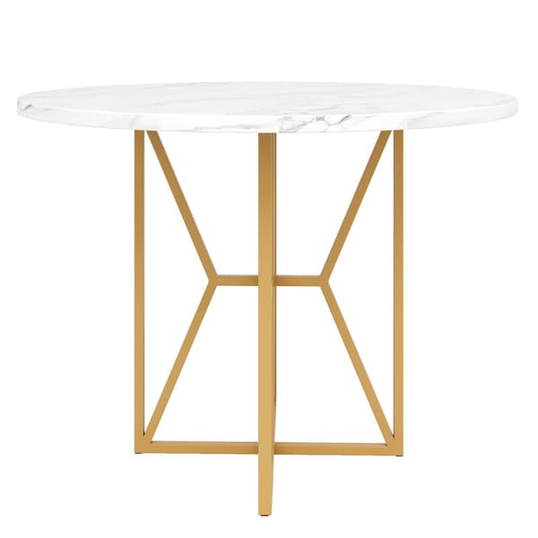 Rundt spisebord 80x80x76 cm - Metalstel - Marmor look finer - Til 2-6 personer - Hvid og guld